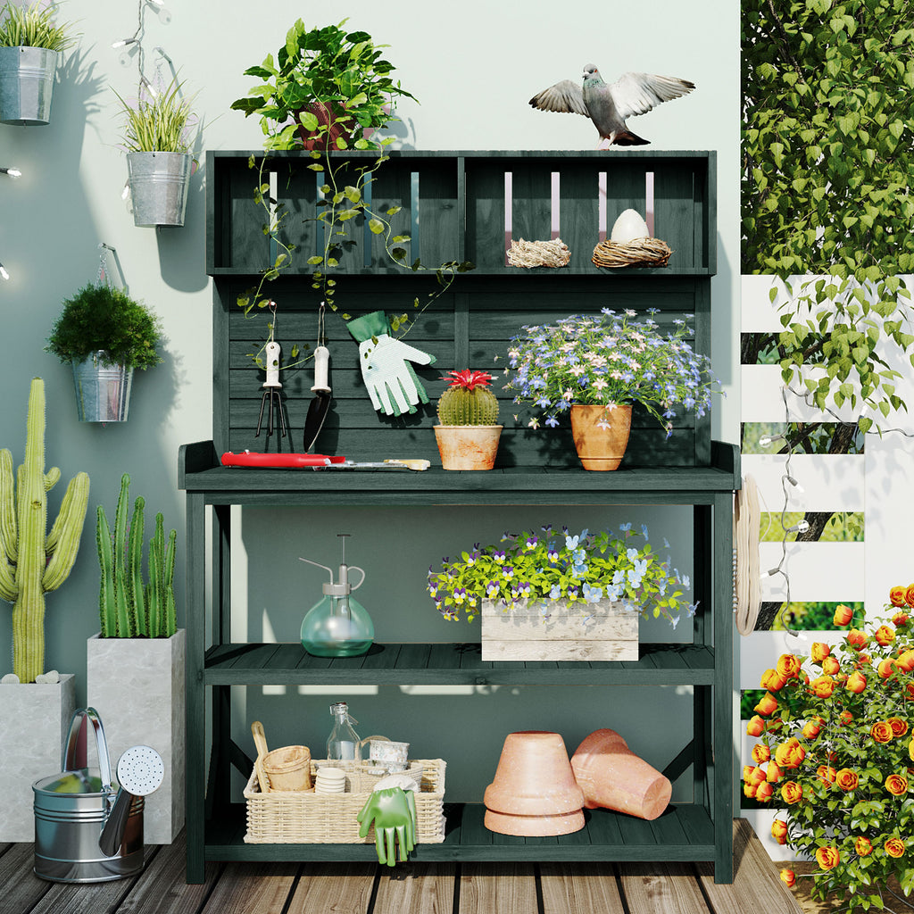 TOPMAX 65 Large Wooden Farmhouse Rustic Outdoor Potting Bench Table, Patio Workstation, Garden Potting Bench With 4 Storage Shelves And Side Hook, Forest Green - HAUSSLYON