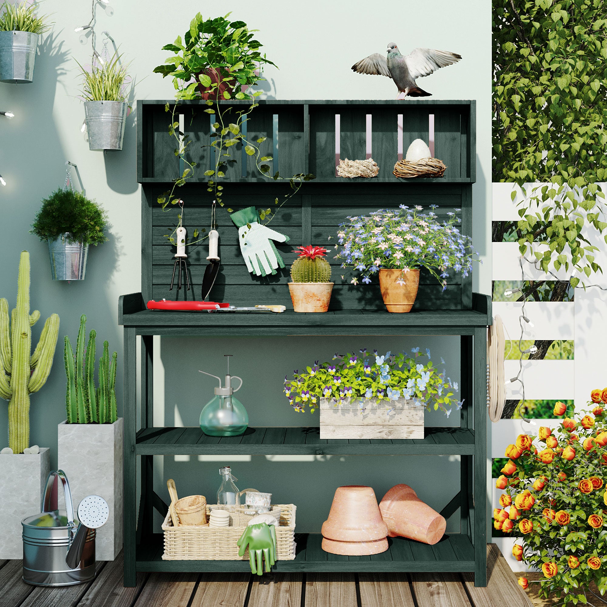 TOPMAX 65 Large Wooden Farmhouse Rustic Outdoor Potting Bench Table, Patio Workstation, Garden Potting Bench With 4 Storage Shelves And Side Hook, Forest Green - HAUSSLYON