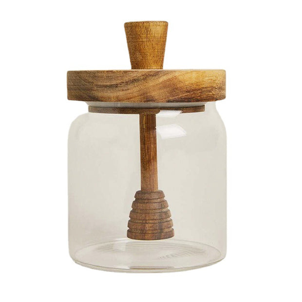 Pot à miel en verre avec couvercle en bois d'acacia, contenant DAKAR de la marque RENFAN, visible avec couvercle en bois naturel.