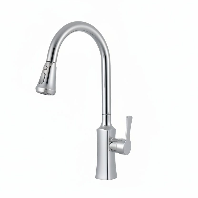 Robinet de cuisine RENFAN Tatu City avec poignée en métal et bec flexible, installation moderne pour cuisine.