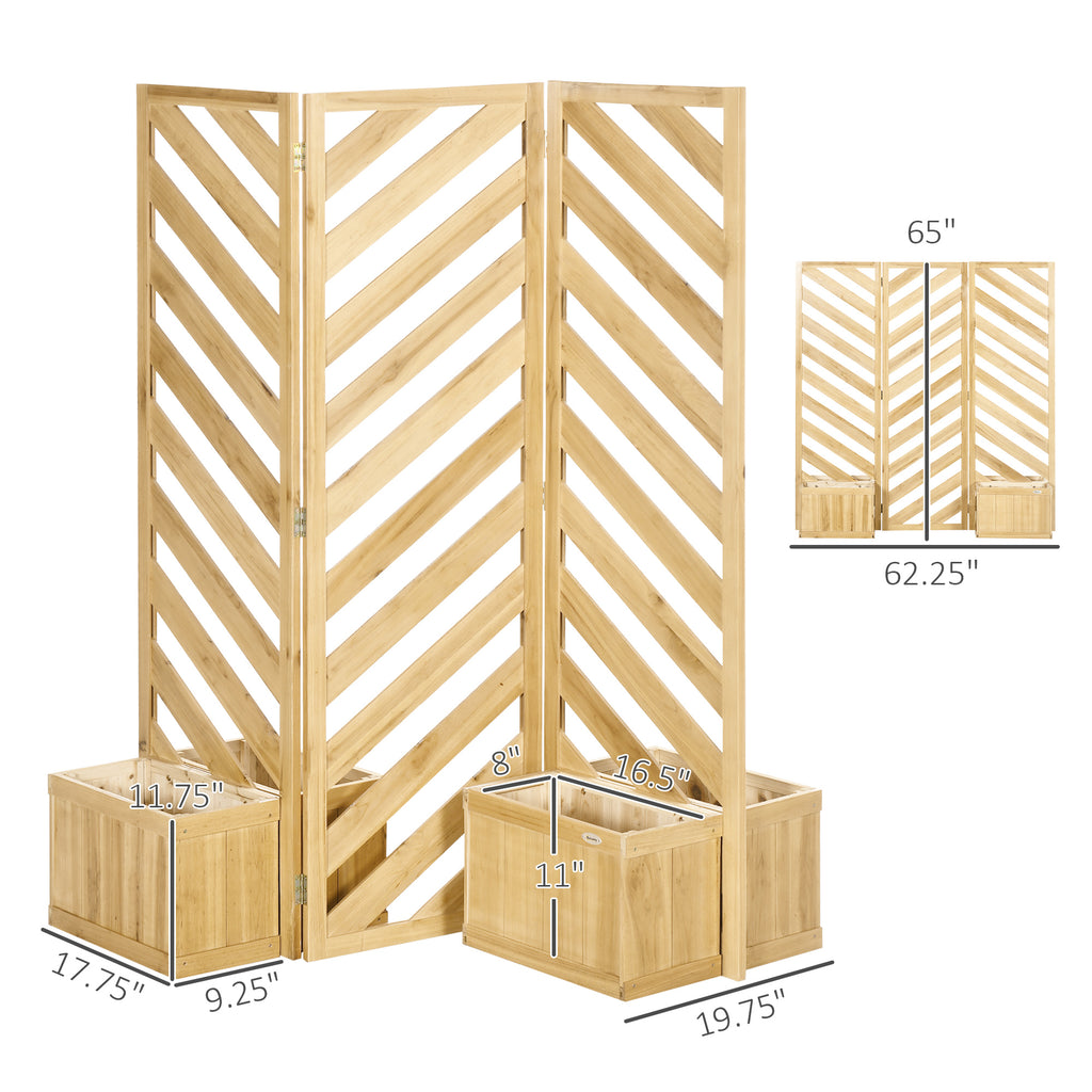 Decorative Outdoor Privacy Screen, Freestanding Divider/Separator with 4 Self-Draining Planters, 3 Trellis Plant Support Panels for Garden Walkway, Backyard, Natural Wood - HAUSSLYON
