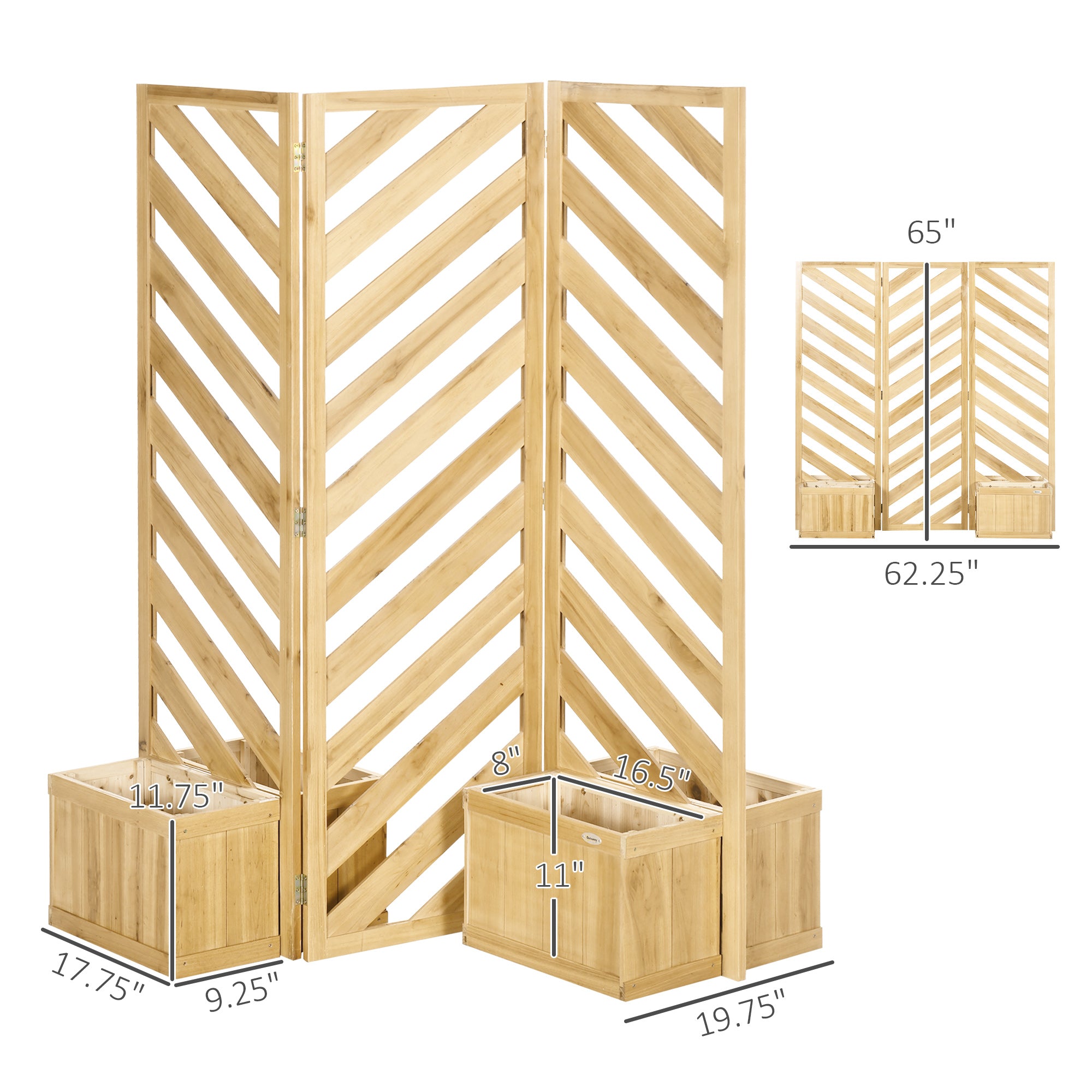 Decorative Outdoor Privacy Screen, Freestanding Divider/Separator with 4 Self-Draining Planters, 3 Trellis Plant Support Panels for Garden Walkway, Backyard, Natural Wood - HAUSSLYON