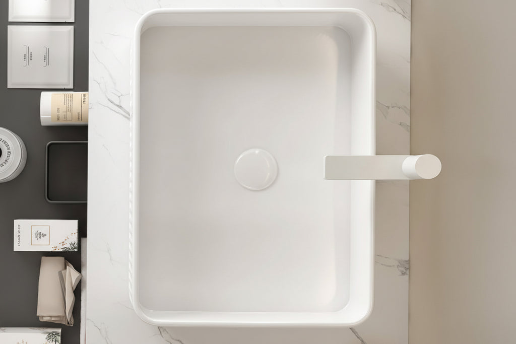 20 Bathroom Sink, Rectangular Striped Vessel Ceramic Basin Without Faucet, NO Cabinet, White - HAUSSLYON