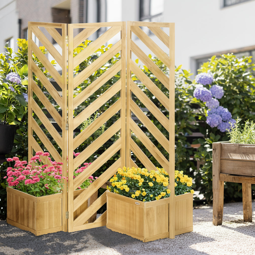 Decorative Outdoor Privacy Screen, Freestanding Divider/Separator with 4 Self-Draining Planters, 3 Trellis Plant Support Panels for Garden Walkway, Backyard, Natural Wood - HAUSSLYON