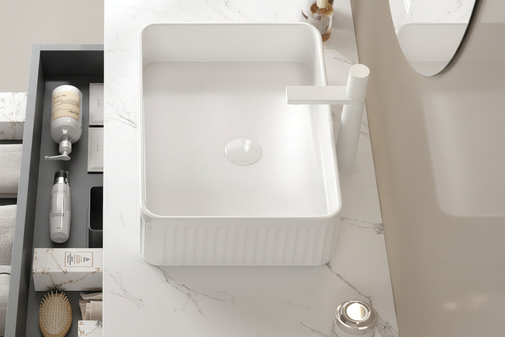 20 Bathroom Sink, Rectangular Striped Vessel Ceramic Basin Without Faucet, NO Cabinet, White - HAUSSLYON