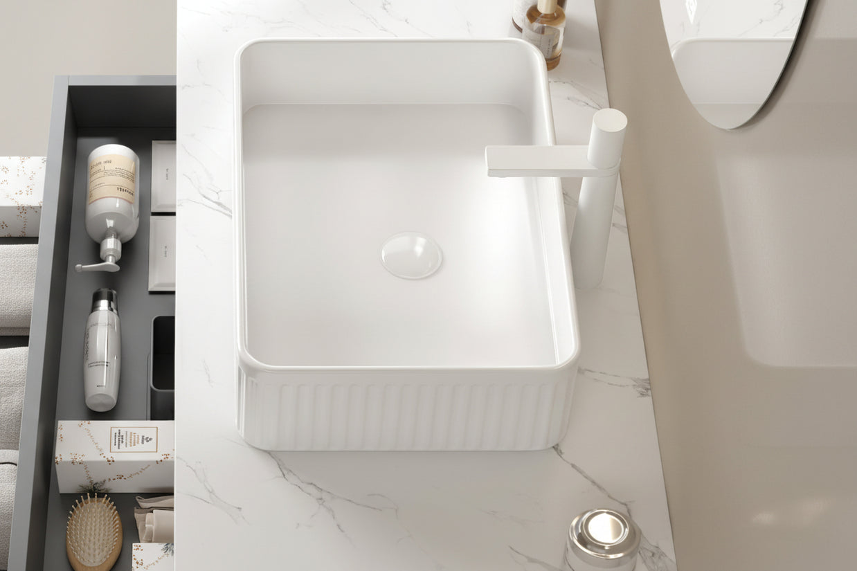 Lavabo salle de bain Turin blanc de VidaXL, vue en détail avec évier en céramique et design moderne.