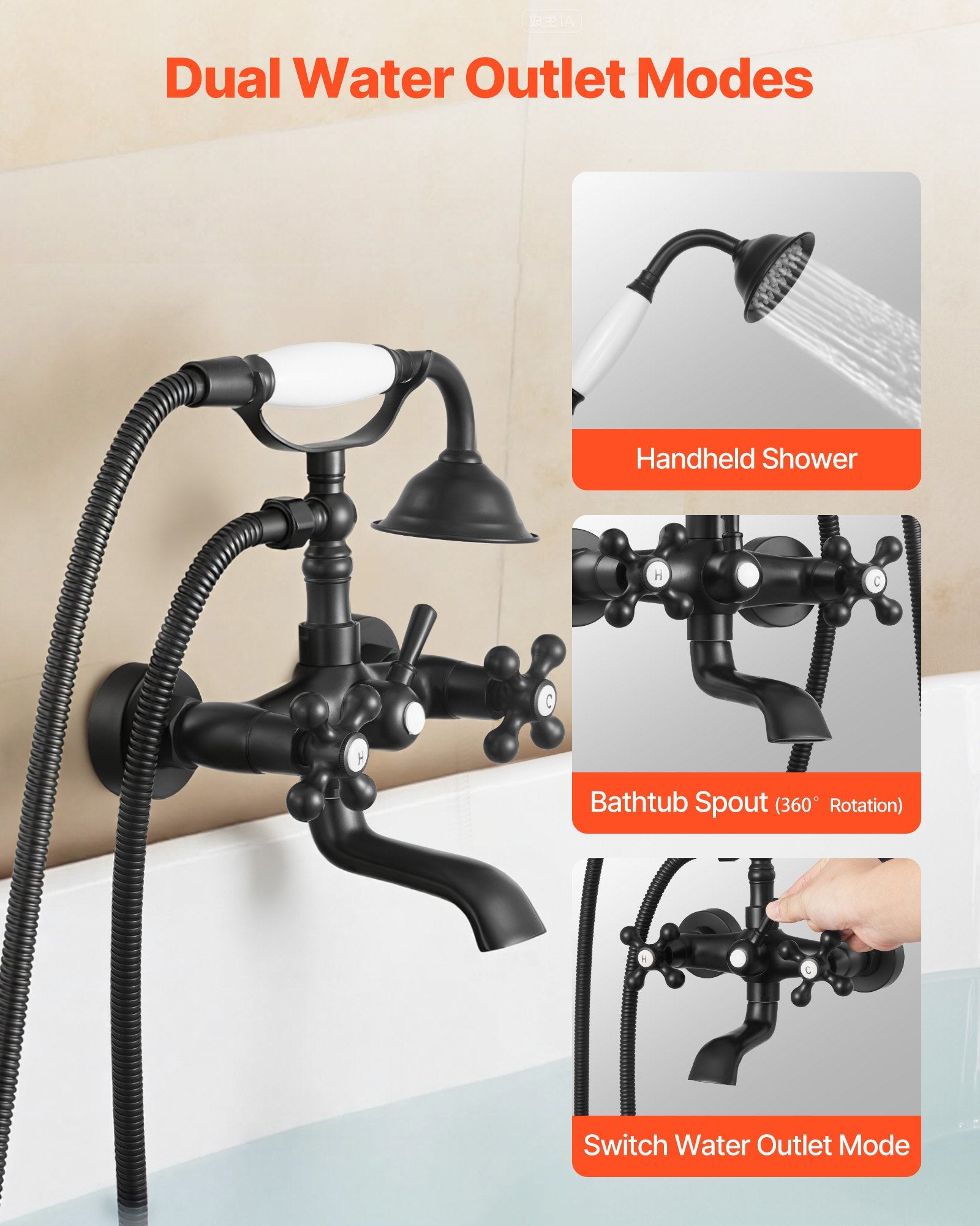 Clawfoot Tub Faucet, Wall Mount Bathtub Faucets With Handheld Shower, Vintage Matte Black Clawfoot Tub Filler Faucet Shower Kit With Adjustable Swing Arms & 360° Rotation Spout For Bathtubs - HAUSSLYON
