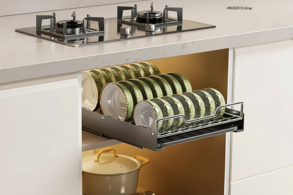 Rangement pour vaisselle coulissant Windsor de VidaXL, étagère en bois avec tiroirs pour cuisine organisée, vue de face.