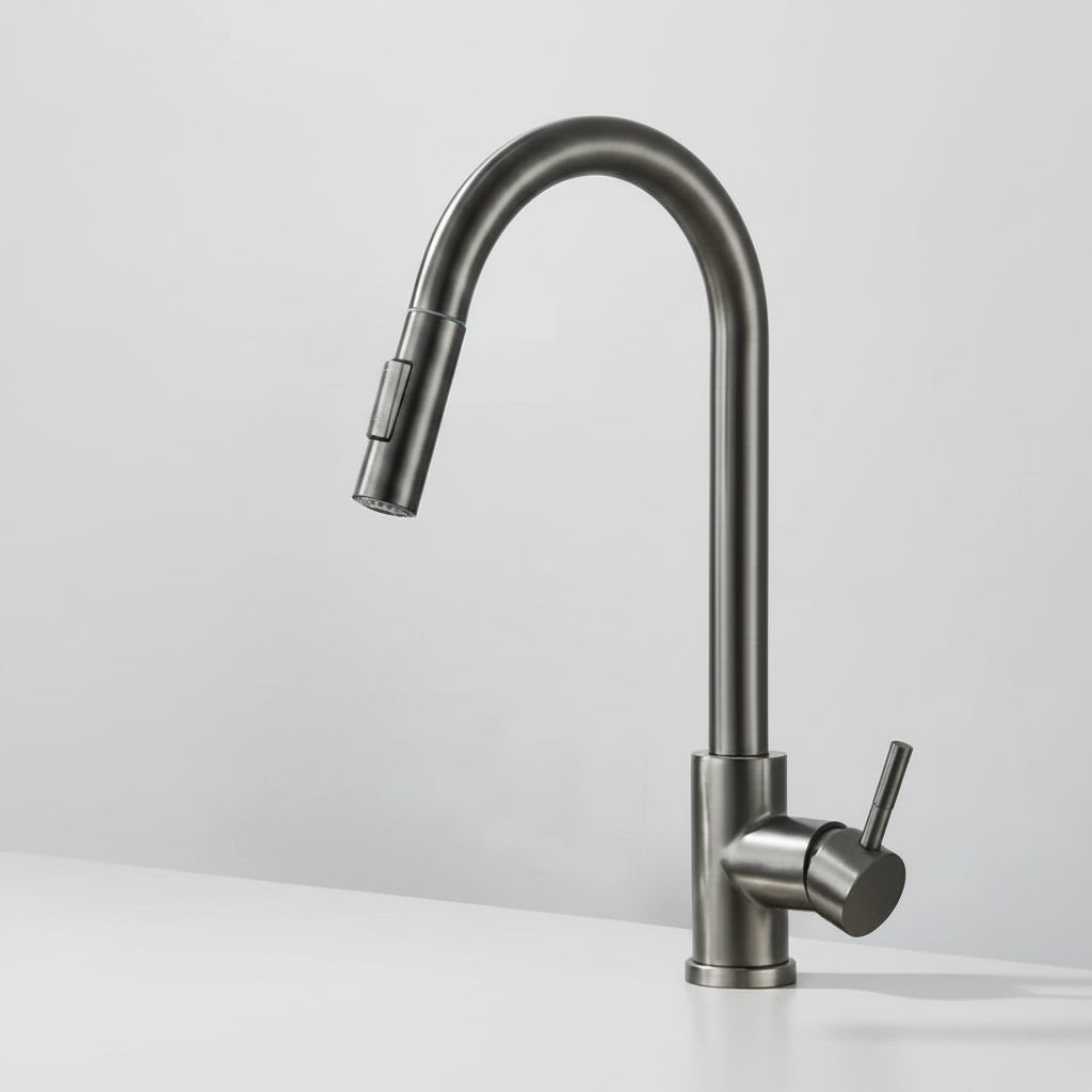 Robinet de cuisine Hausslyon Salem tactile en acier inoxydable avec levier, vue de face, moderne et fonctionnel.