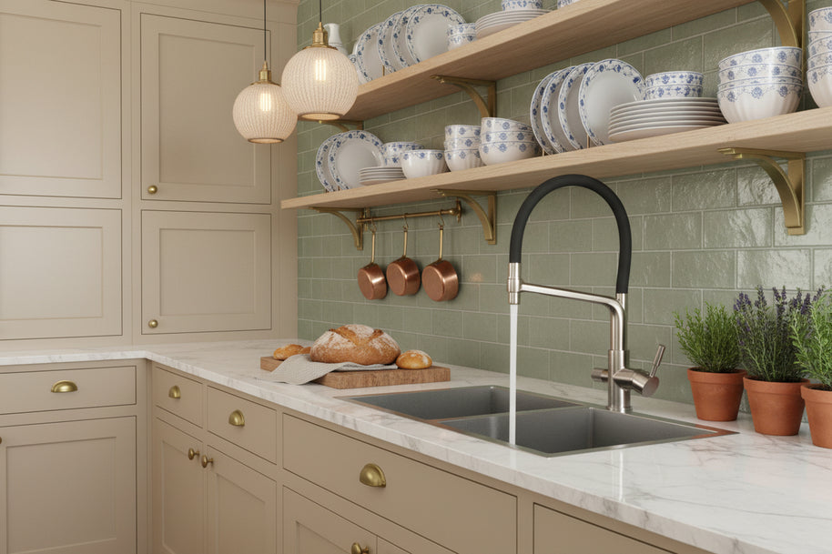 Robinet de cuisine VidaXL Toscanie en laiton avec levier, installation sur évier en inox, design moderne pour cuisine.
