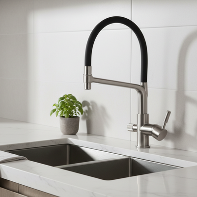 Robinet de cuisine VidaXL Toscanie en acier inoxydable, avec bec tournant et poignée ergonomique, installé sur un évier blanc.