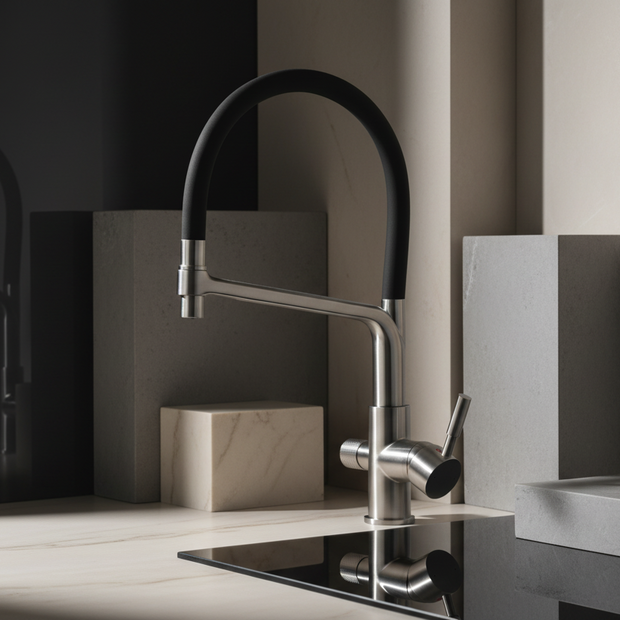 Robinet de cuisine VidaXL Toscanie en acier inoxydable avec poignée chromée, installation moderne et élégante.