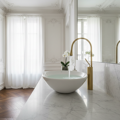 Robinet de salle de bain VidaXL Malbaie en laiton brossé, avec poignée moderne et finition élégante.