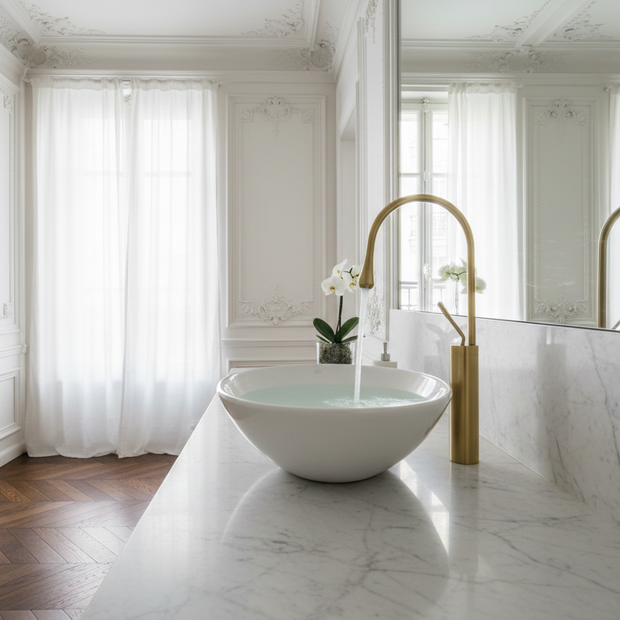 Robinet de salle de bain VidaXL Malbaie en laiton brossé, avec poignée moderne et finition élégante.