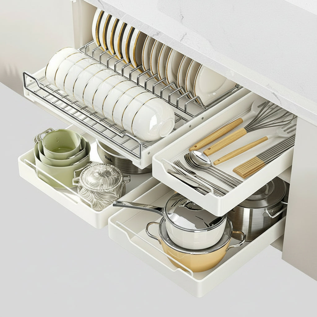 Étagère de rangement coulissante VidaXL pour armoires de cuisine, avec plusieurs niveaux en métal blanc.