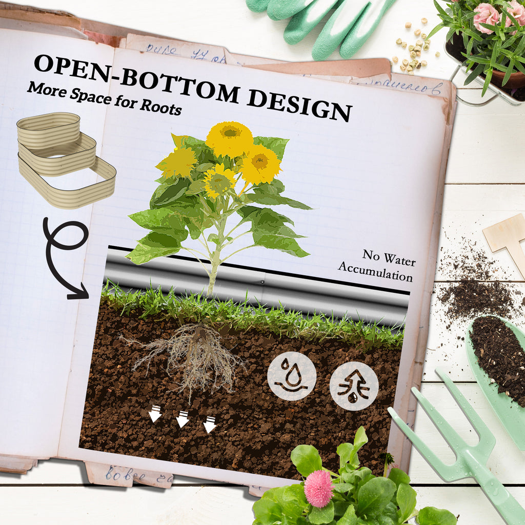 3-Tier Raised Garden Bed Set w/ Safety Edging, Open Bottom for Vegetables, Herbs, Flowers, 62.25" x 43" x 32.25", Cream - HAUSSLYON