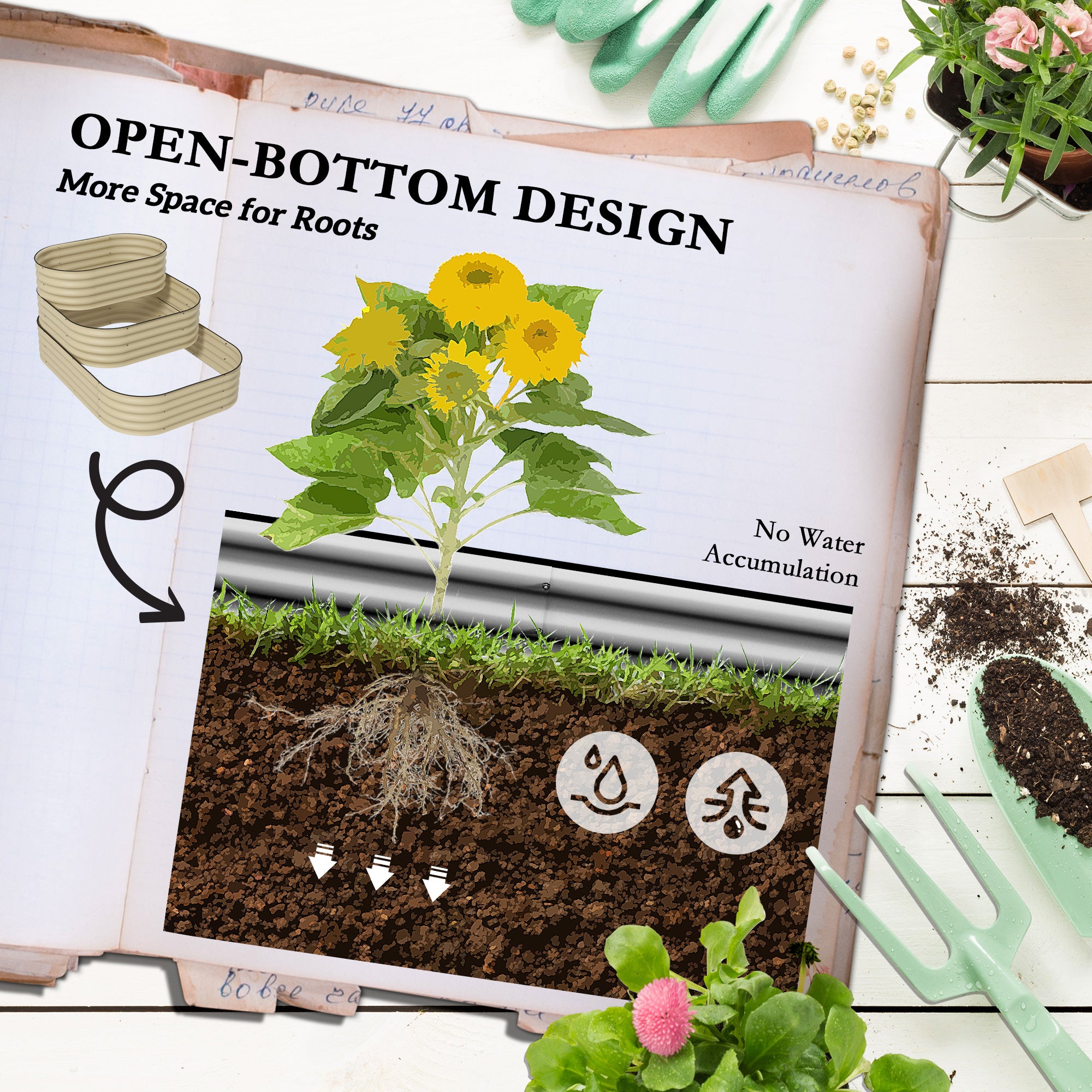 3-Tier Raised Garden Bed Set w/ Safety Edging, Open Bottom for Vegetables, Herbs, Flowers, 62.25" x 43" x 32.25", Cream - HAUSSLYON