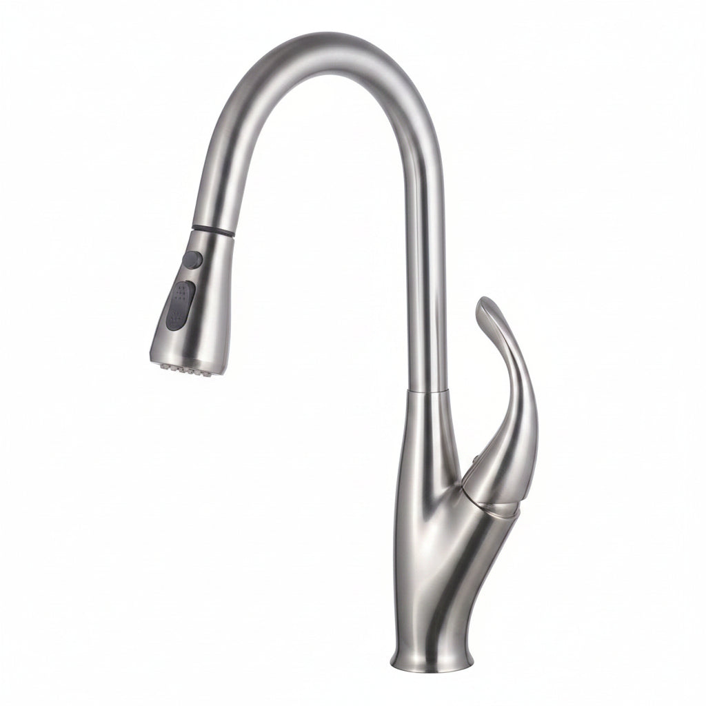 Robinet de cuisine VidaXL Fleury en acier inoxydable avec poignée rotative et aérateur, installation murale.