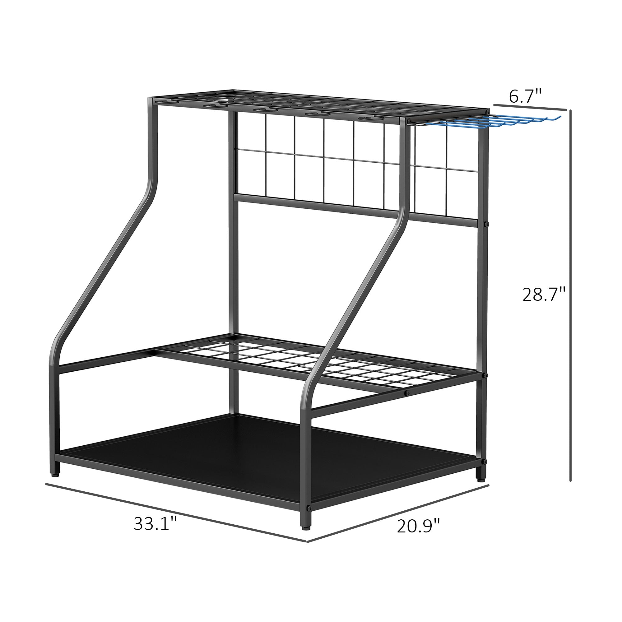 3-Tier Yard Tool Storage Rack, Garden Tool Organizer with Hooks for Long-Handled, Broom, Shovel, Blue - HAUSSLYON