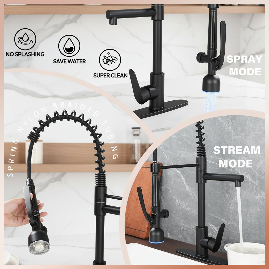 Kitchen Sink Faucet With LED Pull Down Sprayer, Commercial Single Handle High   Kitchen Faucet, Spring Sink Faucets With Deck Plate, Dual Spouts, Stainless Steel - HAUSSLYON