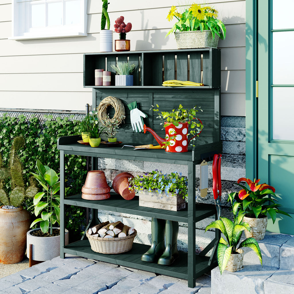 TOPMAX 65 Large Wooden Farmhouse Rustic Outdoor Potting Bench Table, Patio Workstation, Garden Potting Bench With 4 Storage Shelves And Side Hook, Forest Green - HAUSSLYON
