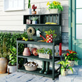 TOPMAX 65 Large Wooden Farmhouse Rustic Outdoor Potting Bench Table, Patio Workstation, Garden Potting Bench With 4 Storage Shelves And Side Hook, Forest Green - HAUSSLYON