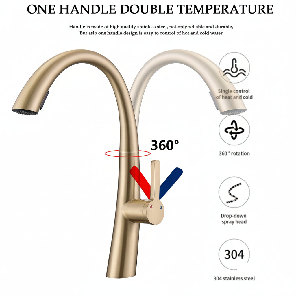 Single Handle Stainless Steel Pull Out Kitchen Faucet - HAUSSLYON