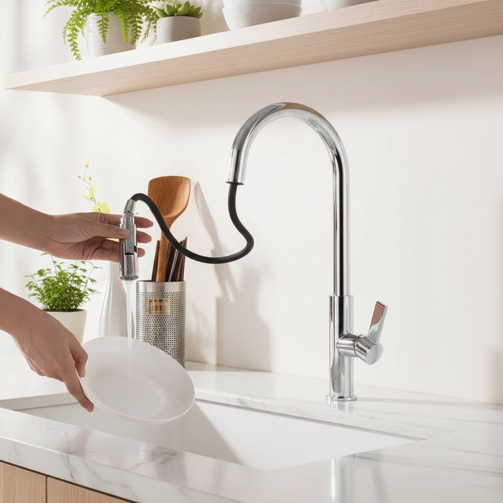 All-copper Hot-and-cold Pull-down Kitchen Faucet For The Sink - HAUSSLYON
