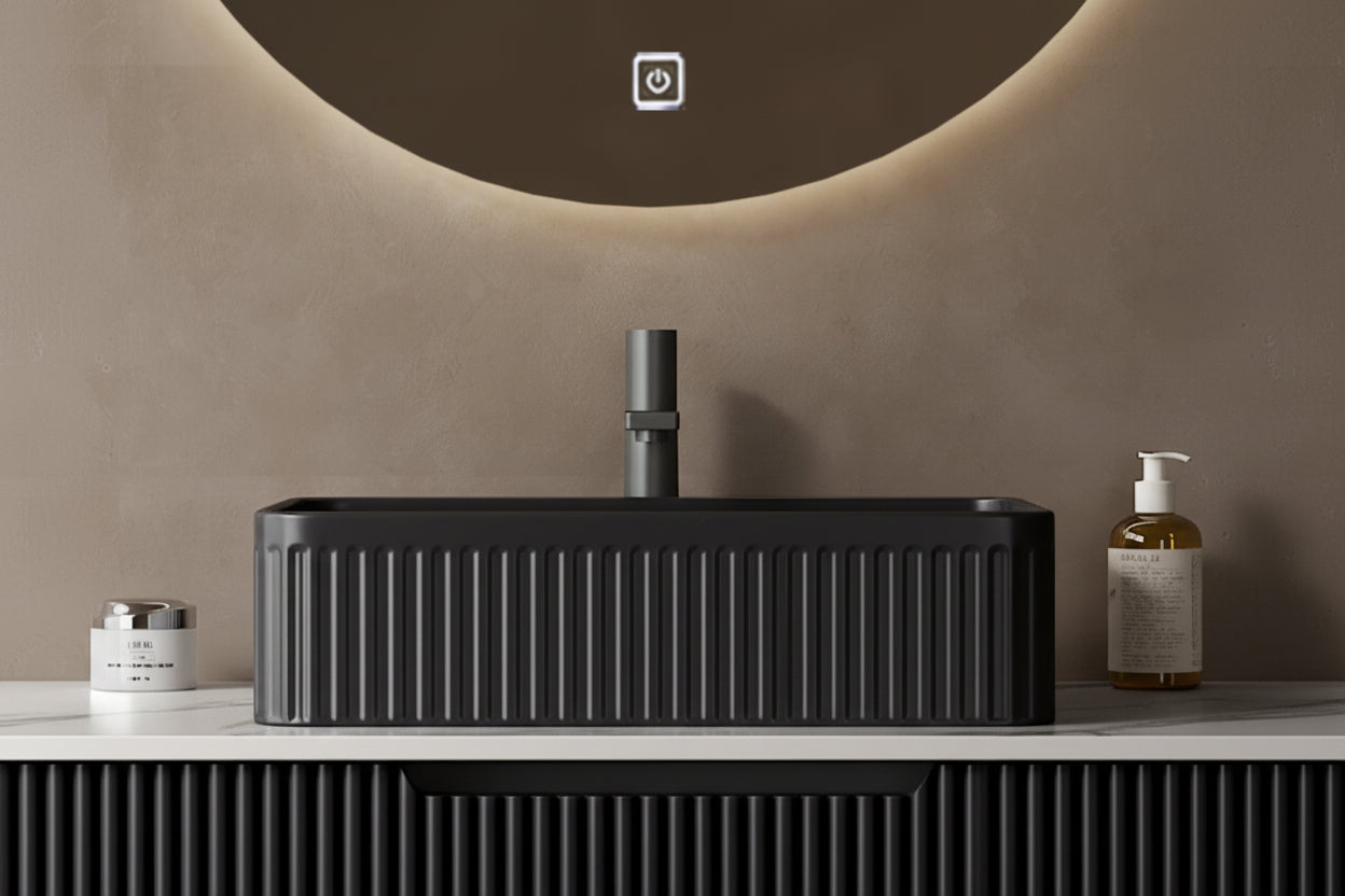 20 Bathroom Sink, Rectangular Striped Vessel Ceramic Basin Without Faucet, NO Cabinet, Black - HAUSSLYON