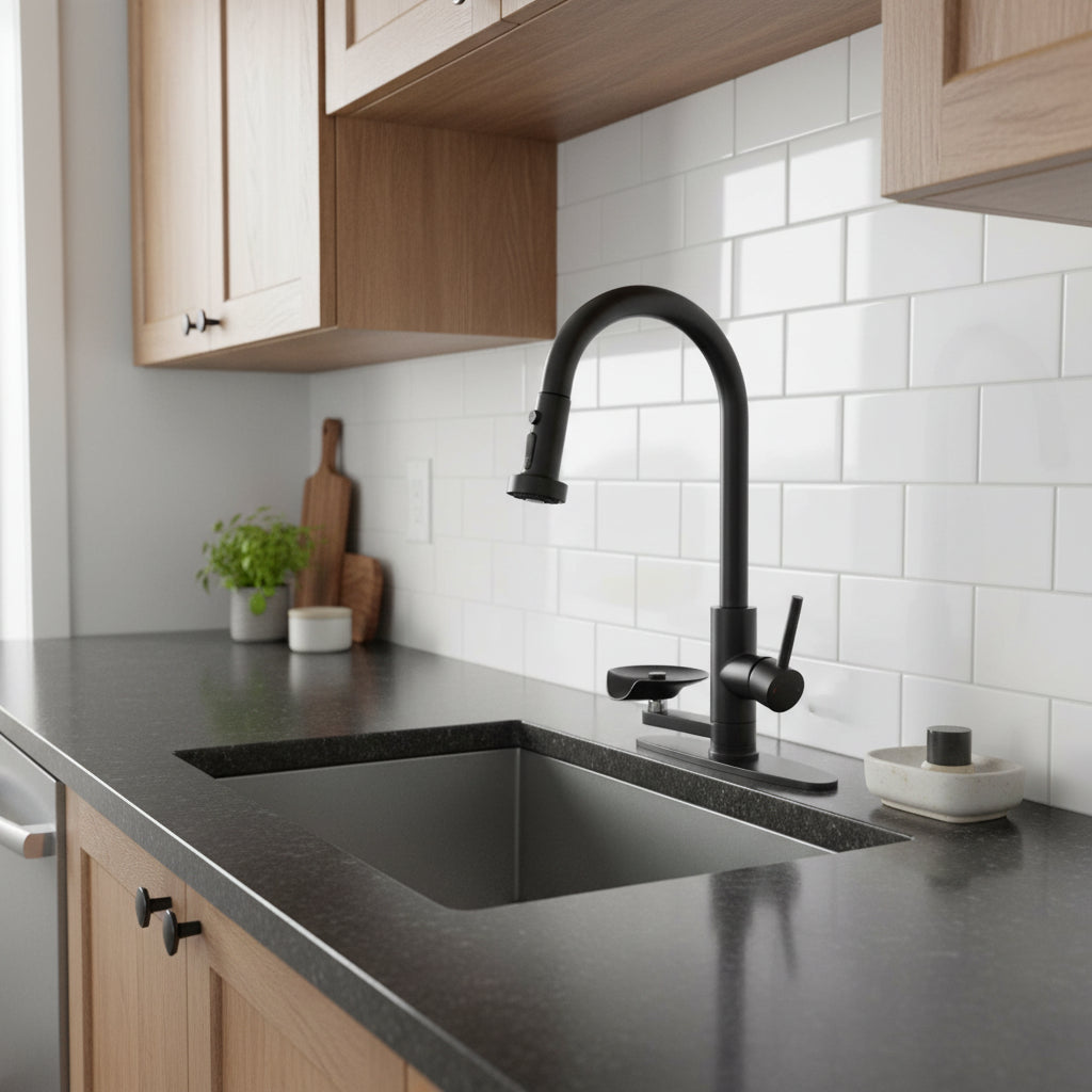 3-in-1 Kitchen Faucet With Press-Type Glass Rinser, High-Arc Pull-Down Sprayer Faucet, 3 Function Spray Mode, Matte Black Finish, For Modern Kitchen Sink - HAUSSLYON
