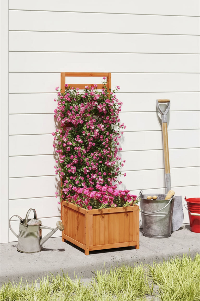 2-in-1 Wooden Raised Garden Bed With Trellis, Efficient Drainage System For Climbing Plants & Flowers - HAUSSLYON