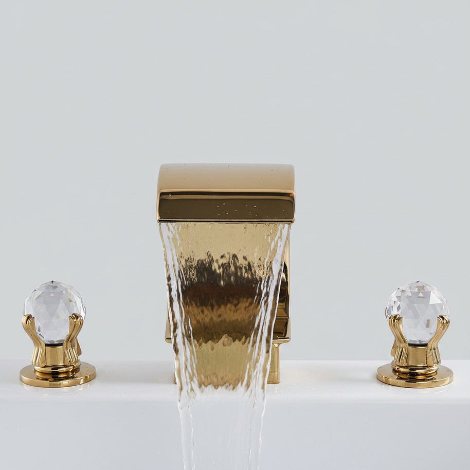Robinet de salle de bain HAUSSLYON CRYSTAL avec finition élégante, vue de face avec poignée et embout de sortie d'eau.