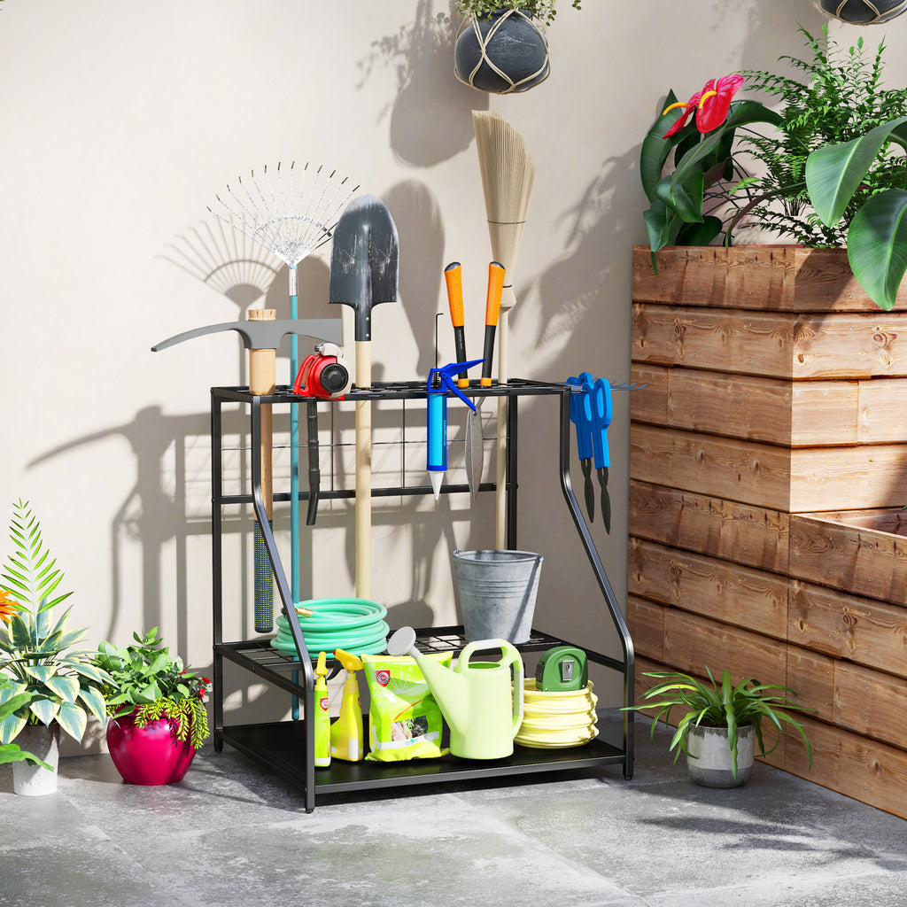 3-Tier Yard Tool Storage Rack, Garden Tool Organizer with Hooks for Long-Handled, Broom, Shovel, Blue - HAUSSLYON