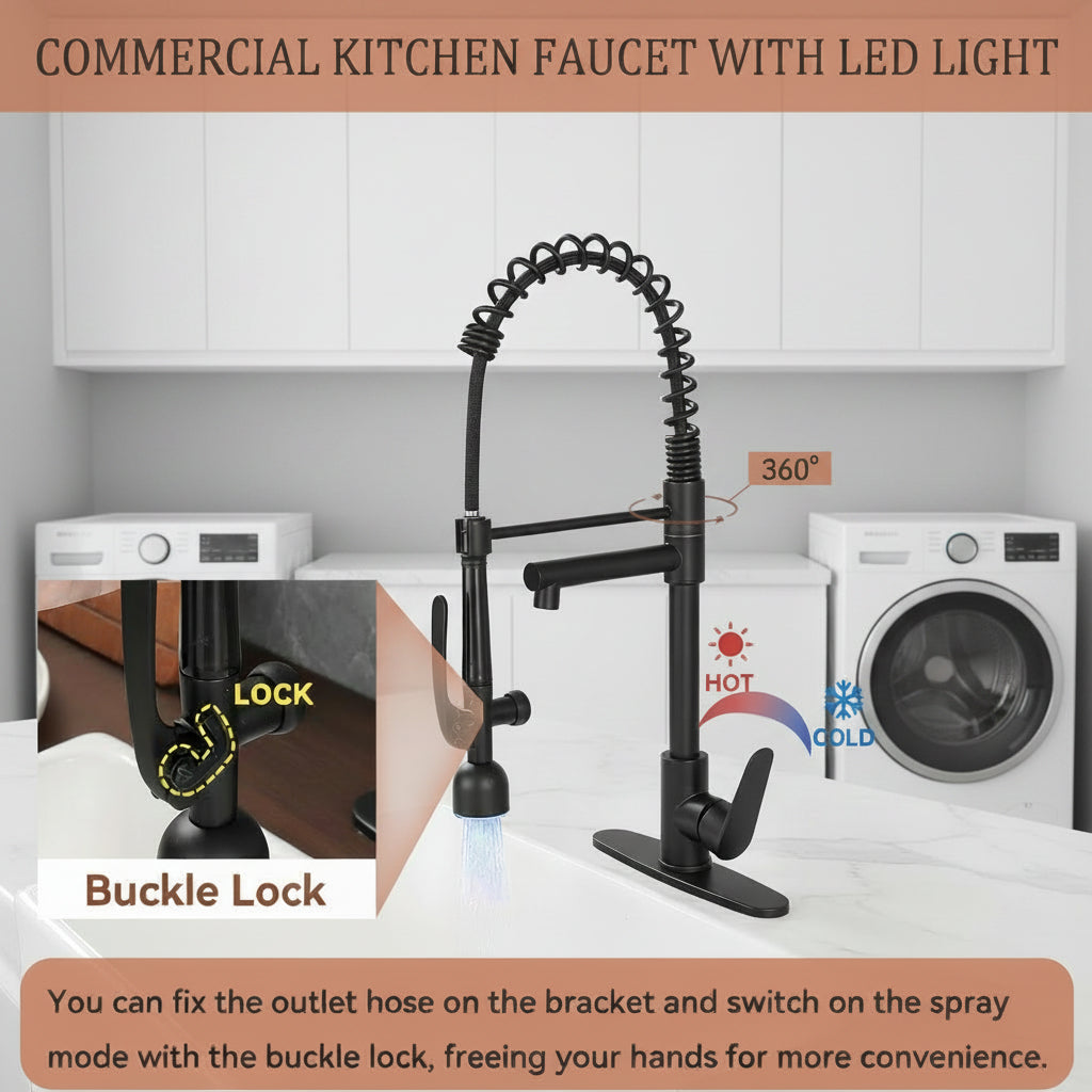 Kitchen Sink Faucet With LED Pull Down Sprayer, Commercial Single Handle High   Kitchen Faucet, Spring Sink Faucets With Deck Plate, Dual Spouts, Stainless Steel - HAUSSLYON
