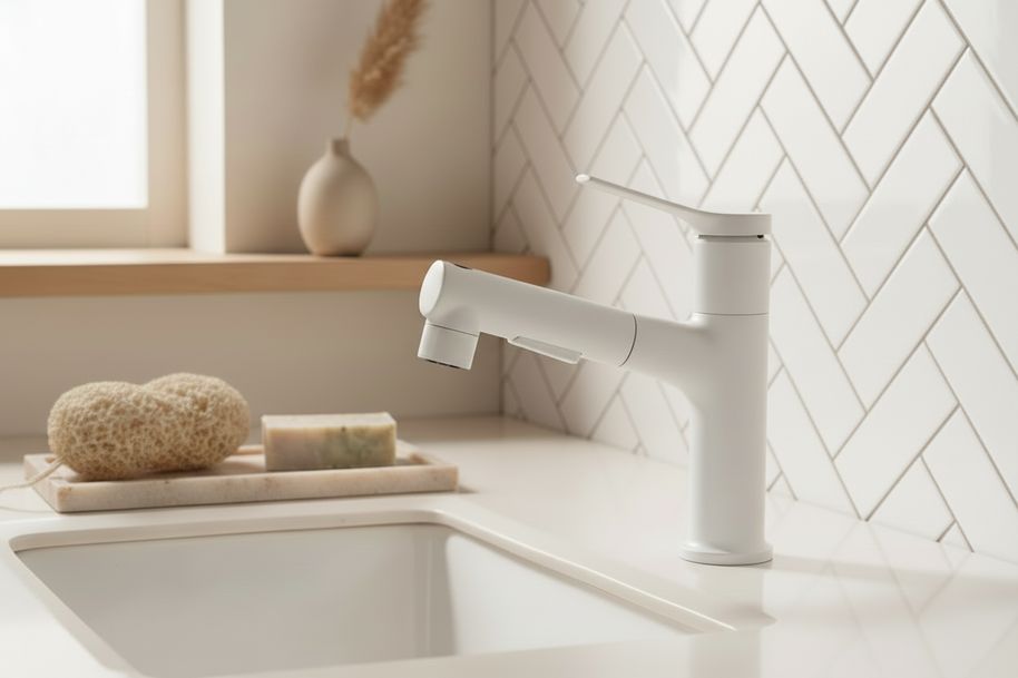 Robinet de salle de bain VidaXL SantaFe en finition chromée, avec poignée et bec, installé sur un lavabo moderne.