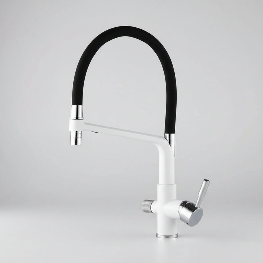 Robinet de cuisine Hausslyon Olympe avec pomme de douche chromée et poignée simple, installation moderne et élégante.