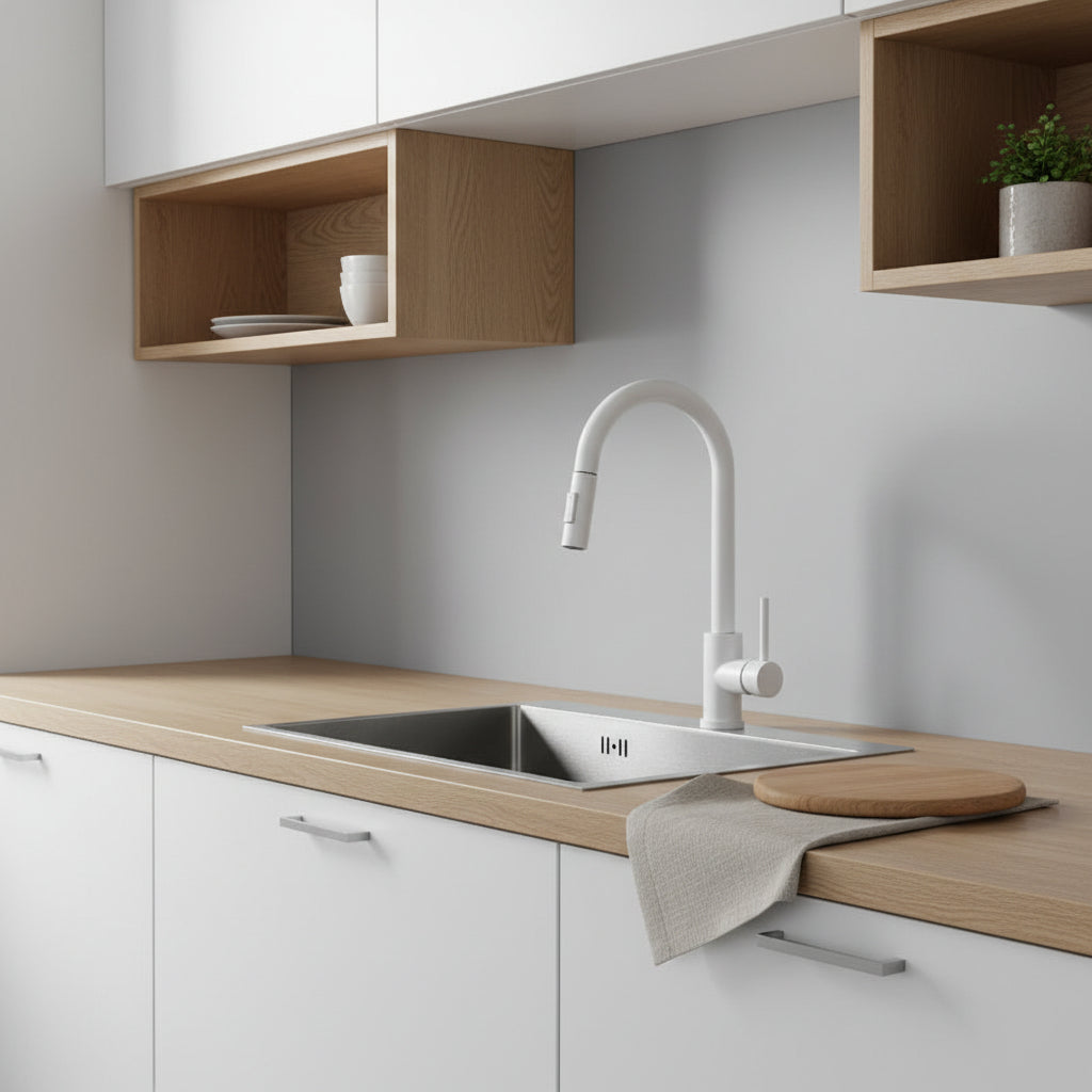 Robinet de cuisine Hausslyon Salem tactile en acier inoxydable avec levier, vue de face sur le robinet moderne et fonctionnel.