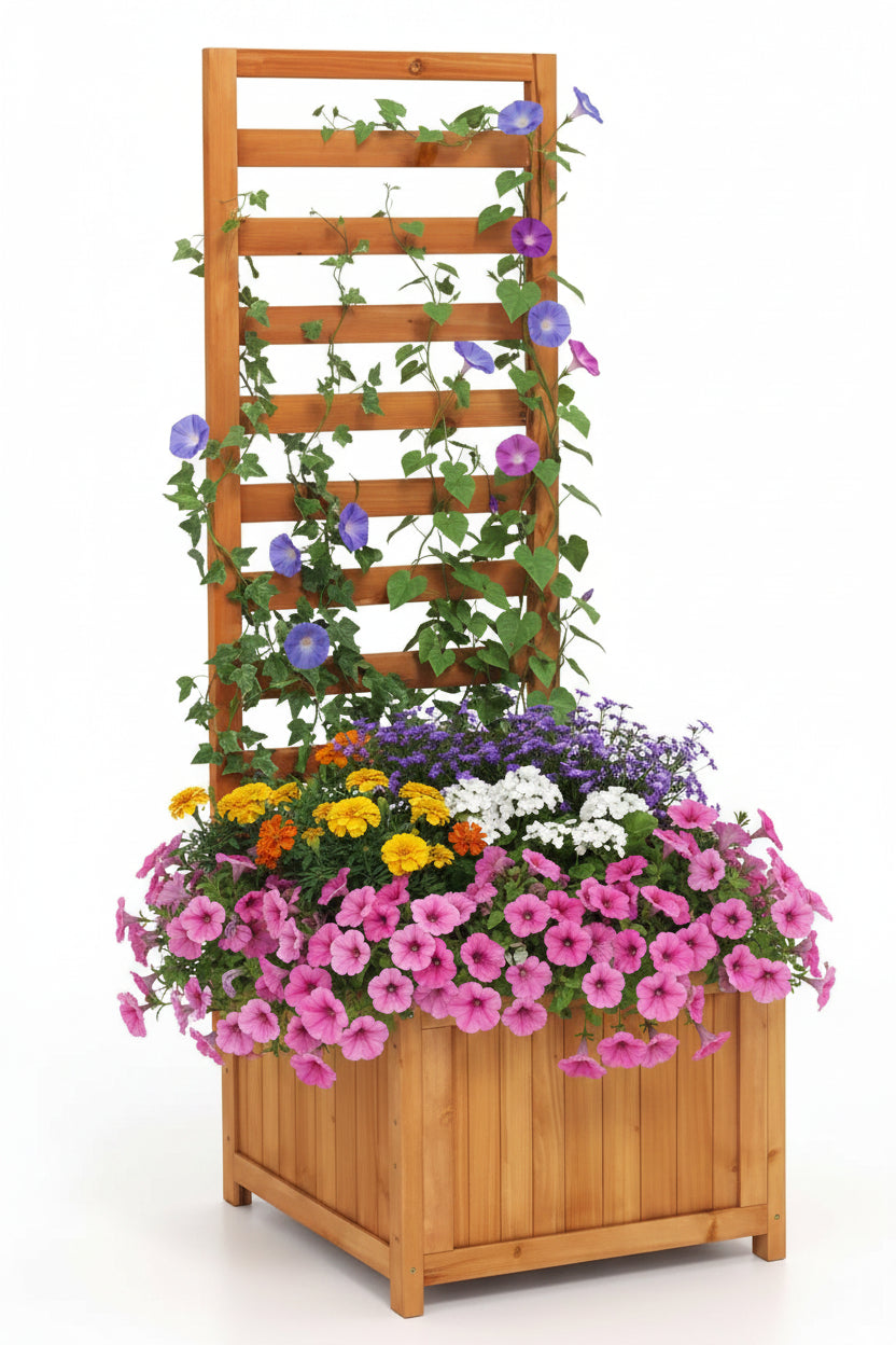 2-in-1 Wooden Raised Garden Bed With Trellis, Efficient Drainage System For Climbing Plants & Flowers - HAUSSLYON