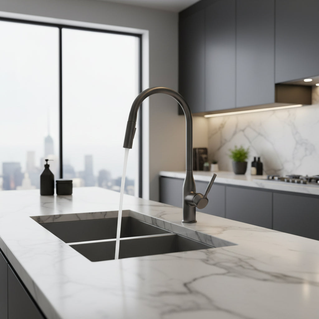 Copper Gun Gray Kitchen Faucet Pull-out Hot And Cold Double Water Outlet Rotatable - HAUSSLYON
