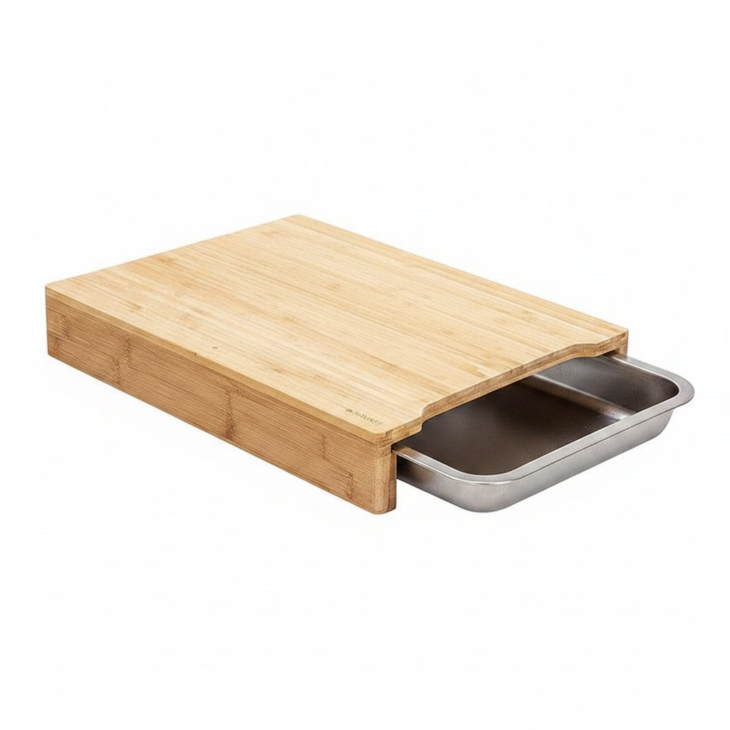 Planche à découper en bambou avec tiroir de la marque RENFAN, idéale pour couper légumes et fruits dans la cuisine.