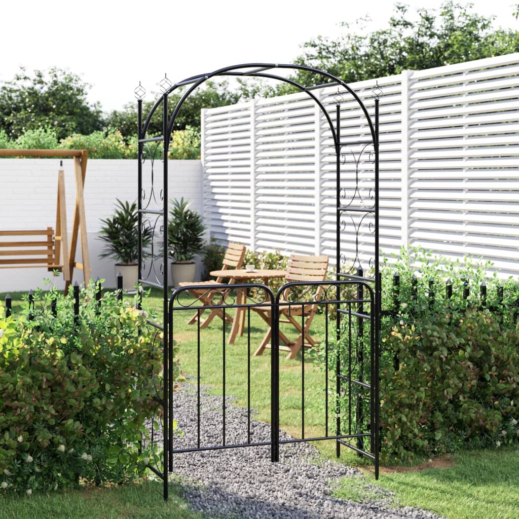 Garden Arch with Gate Black 108x45x235 cm Steel - HAUSSLYON