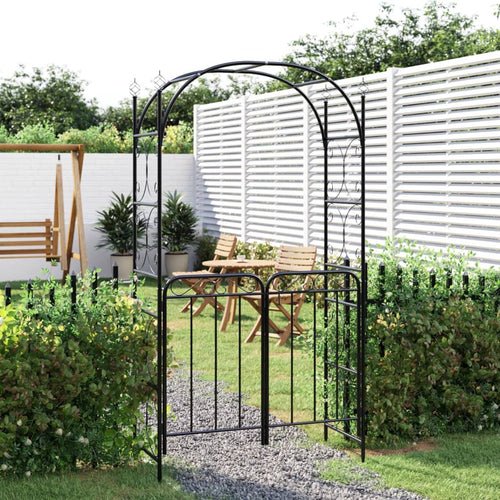 Garden Arch with Gate Black 108x45x235 cm Steel - HAUSSLYON