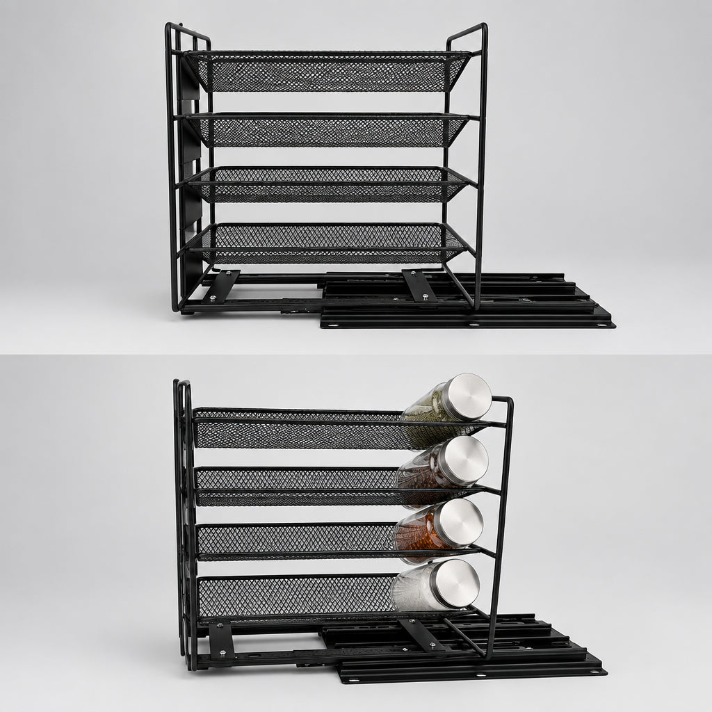 Étagère de rangement coulissante en métal pour épices, modèle Lavaltrie, par HAUSSLYON, avec plusieurs compartiments pour épices.