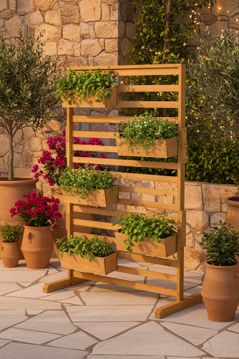 Wooden Plant Trellis Stand with 5 Hanging Planter Boxes, Freestanding Outdoor Plant Stand for Patio, Garden, Balcony, Porch - HAUSSLYON