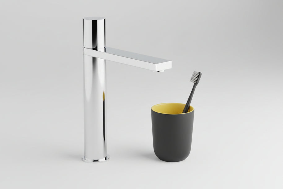 Robinet de salle de bain Haussslyon Kassel, accessoire de salle de bain en finition chromée, visible avec poignées et raccords.
