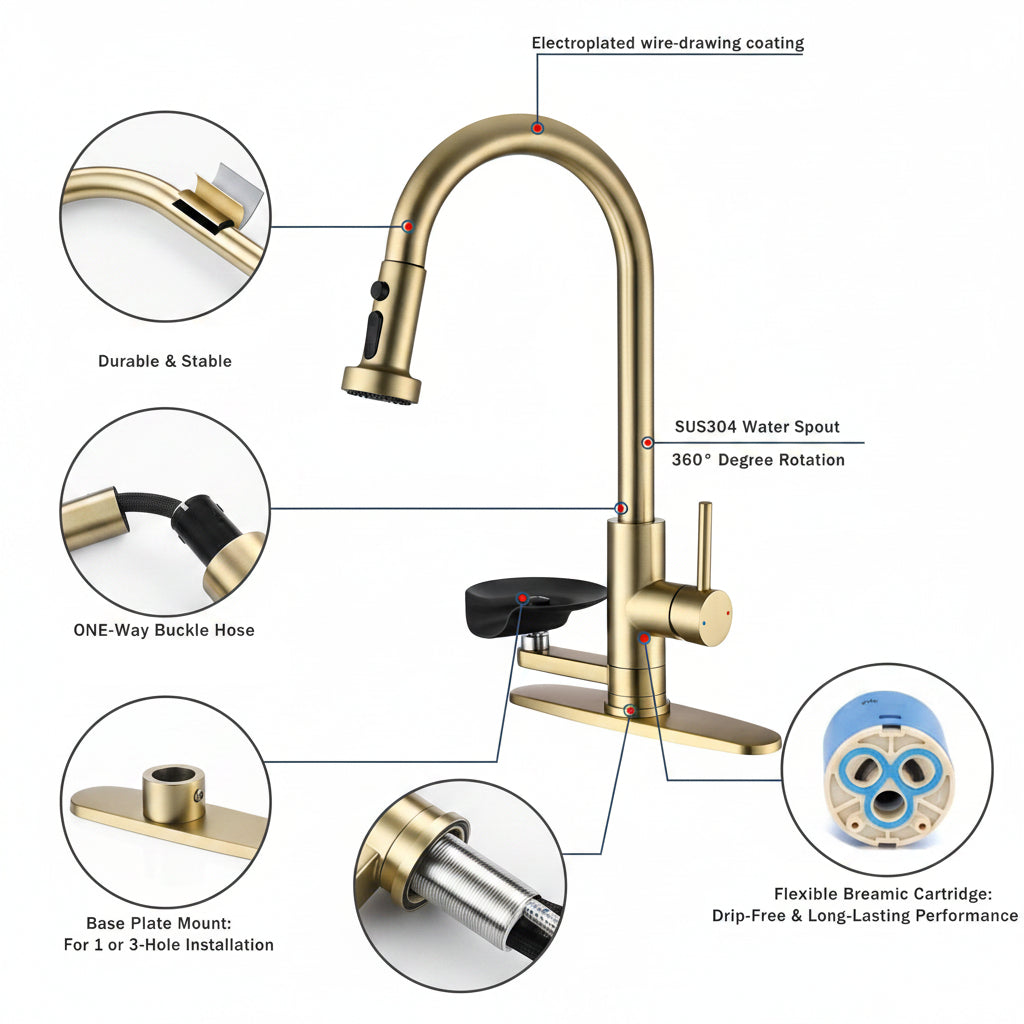 3-in-1 Kitchen Faucet With Press-Type Glass Rinser, Universal For 1 & 3 Holes, High-Arc Pull-Down Sprayer With 3 Function Spray Mode, Brushed Gold Finish - HAUSSLYON