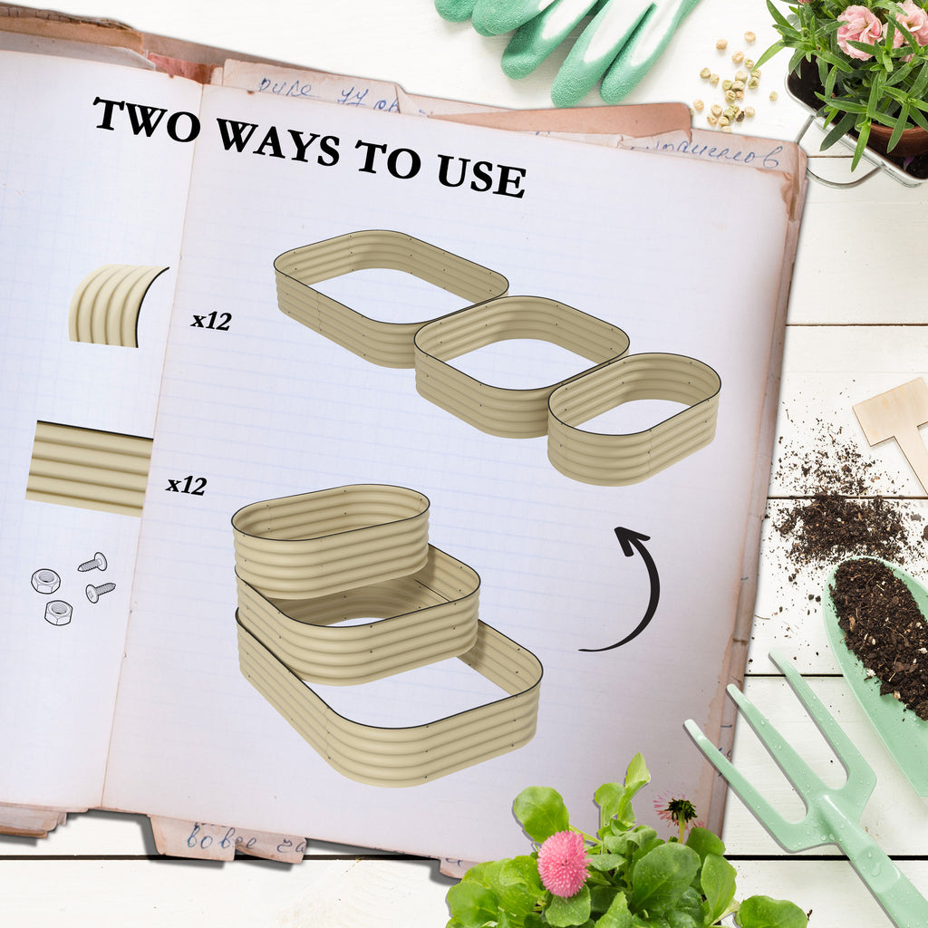3-Tier Raised Garden Bed Set w/ Safety Edging, Open Bottom for Vegetables, Herbs, Flowers, 62.25" x 43" x 32.25", Cream - HAUSSLYON