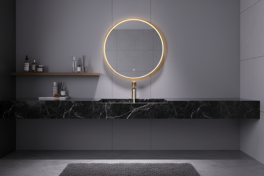 Robinet de salle de bain Orlando Brossé de la marque HAUSSLYON, vue du côté avec poignée et finition en brossé.