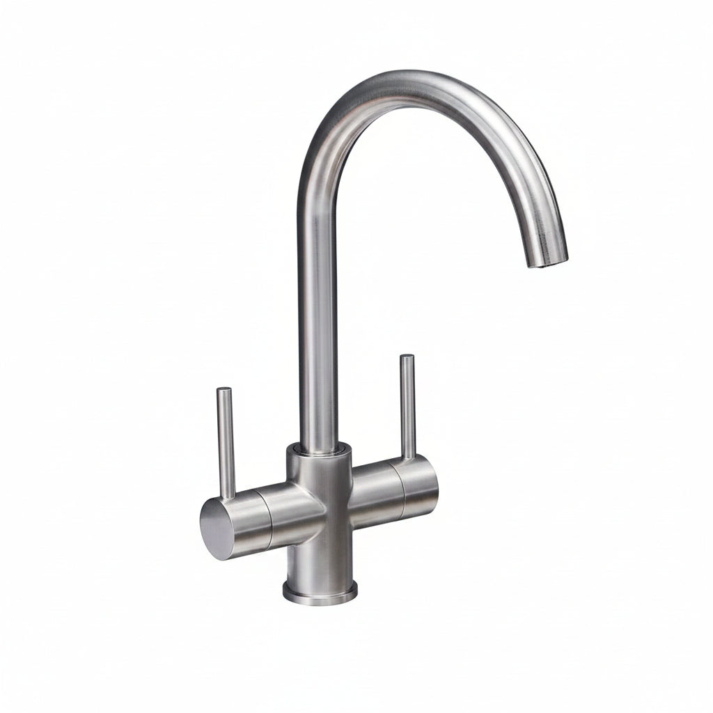 Robinet de cuisine RENFAN Laval en acier inoxydable avec levier, vue de face, installation moderne et design élégant.