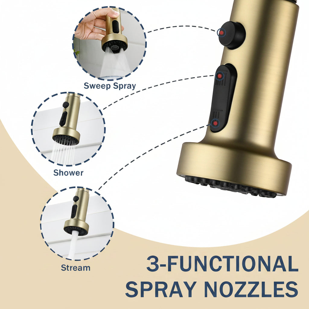 3-in-1 Kitchen Faucet With Press-Type Glass Rinser, Universal For 1 & 3 Holes, High-Arc Pull-Down Sprayer With 3 Function Spray Mode, Brushed Gold Finish - HAUSSLYON